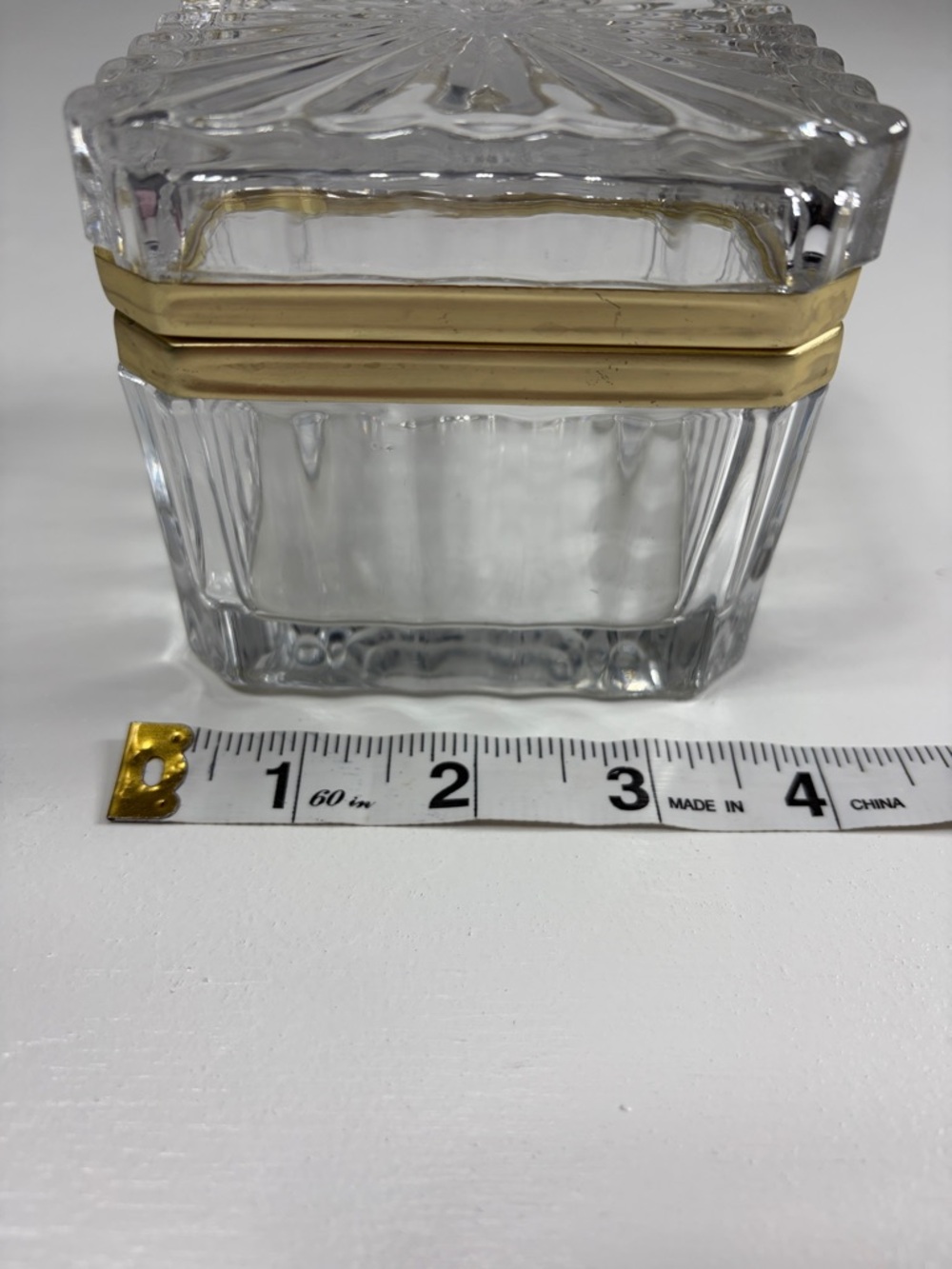 Vintage crystal jewelry casket with brass hinge 3 1/2 in. Square trinket box - Picture 5 of 7